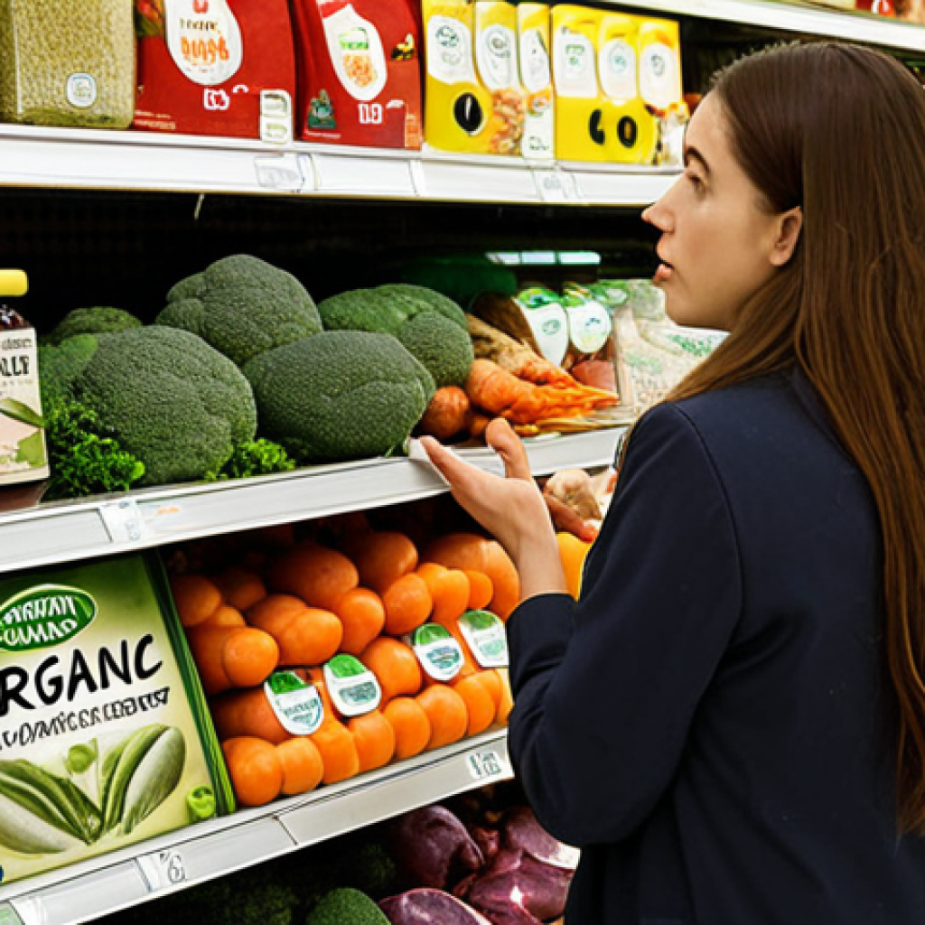 **
A supermarket shelf overloaded with products labeled "organic" but lacking official certification logos. Focus on a consumer looking skeptically at a vegetable product, highlighting the deceptive labeling. The background should feature blurred shoppers and other products with vague "eco-friendly" claims. Emphasize the fake promises and hidden information about unsustainable practices.
**