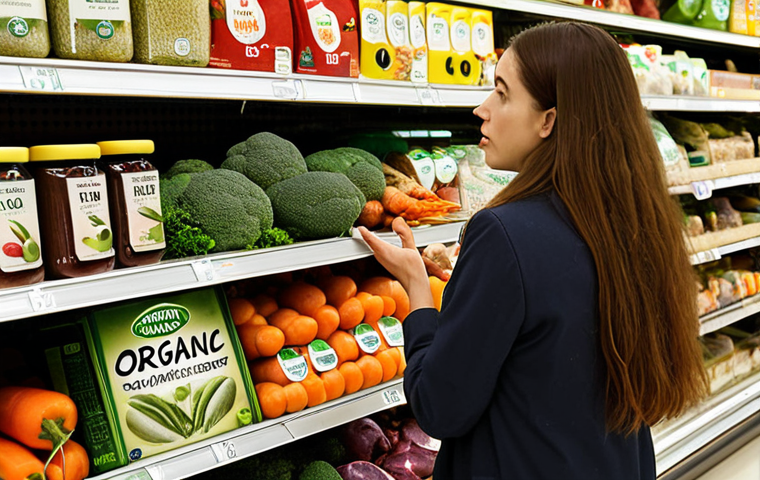 **
A supermarket shelf overloaded with products labeled "organic" but lacking official certification logos. Focus on a consumer looking skeptically at a vegetable product, highlighting the deceptive labeling. The background should feature blurred shoppers and other products with vague "eco-friendly" claims. Emphasize the fake promises and hidden information about unsustainable practices.
**