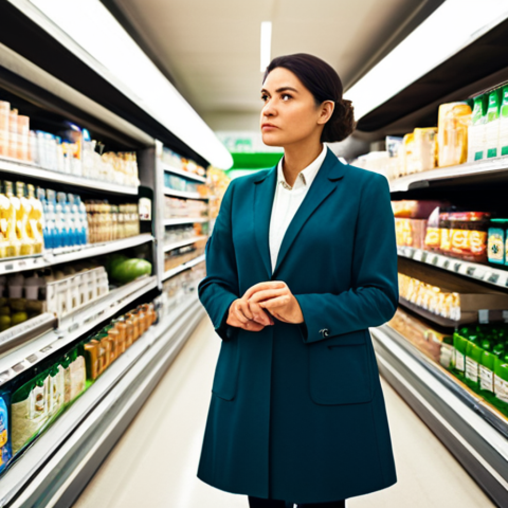 A discerning professional consumer, fully clothed in modest business casual attire, stands in a brightly lit modern supermarket aisle, carefully scrutinizing the labels of various products on the shelves. Their expression shows deep thought and a desire to verify genuine sustainability claims amidst products displaying generic "eco-friendly" symbols. The background features neatly arranged grocery products. Professional photography, high detail, realistic, perfect anatomy, correct proportions, natural pose, well-formed hands, proper finger count, natural body proportions, safe for work, appropriate content, family-friendly.