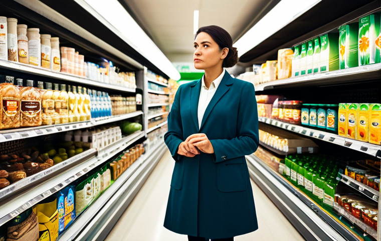 A discerning professional consumer, fully clothed in modest business casual attire, stands in a brightly lit modern supermarket aisle, carefully scrutinizing the labels of various products on the shelves. Their expression shows deep thought and a desire to verify genuine sustainability claims amidst products displaying generic "eco-friendly" symbols. The background features neatly arranged grocery products. Professional photography, high detail, realistic, perfect anatomy, correct proportions, natural pose, well-formed hands, proper finger count, natural body proportions, safe for work, appropriate content, family-friendly.