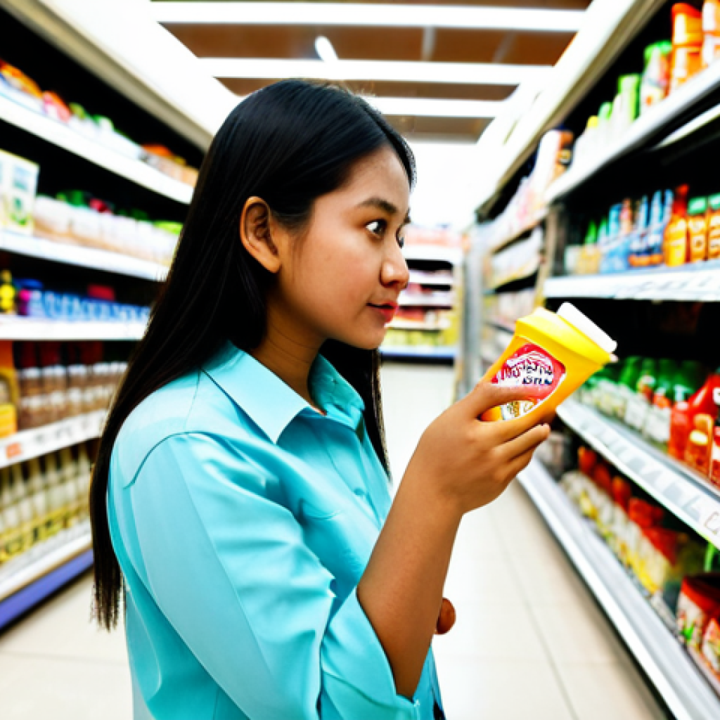 The Informed Shopper**
A woman in a brightly lit Malaysian supermarket, carefully examining the labels of various cleaning products, fully clothed in modest, everyday attire, surrounded by colorful packaging and shelves stocked with goods. Focus on her thoughtful expression and the details of the product labels (readable, but not the main focus). Safe for work, appropriate content, professional quality, perfect anatomy, natural proportions, well-formed hands, proper finger count. Focus on creating a family-friendly scene, highlighting informed consumer choices. The background includes other shoppers and supermarket details.
**