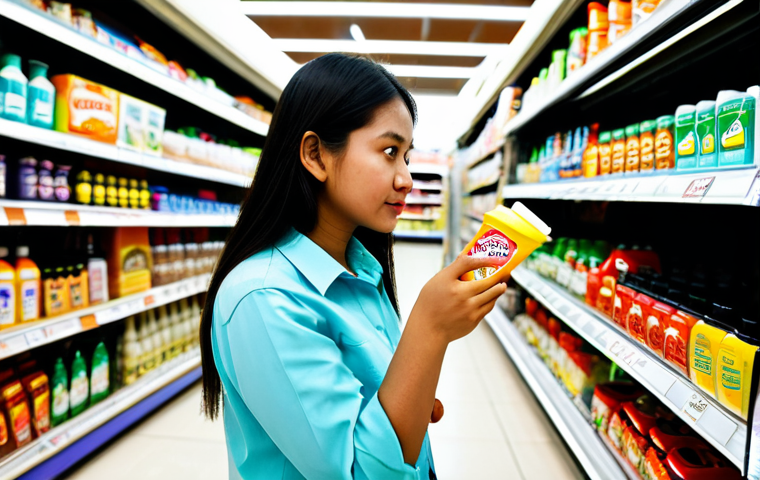 The Informed Shopper**
A woman in a brightly lit Malaysian supermarket, carefully examining the labels of various cleaning products, fully clothed in modest, everyday attire, surrounded by colorful packaging and shelves stocked with goods. Focus on her thoughtful expression and the details of the product labels (readable, but not the main focus). Safe for work, appropriate content, professional quality, perfect anatomy, natural proportions, well-formed hands, proper finger count. Focus on creating a family-friendly scene, highlighting informed consumer choices. The background includes other shoppers and supermarket details.
**