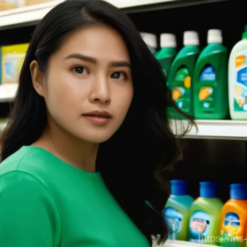 그린워싱과 기업 이미지 구축의 문제 - **Deceptive Dish Soap Label:**
Prompt: "A close-up of a Malaysian woman in her late 20s, wearing...