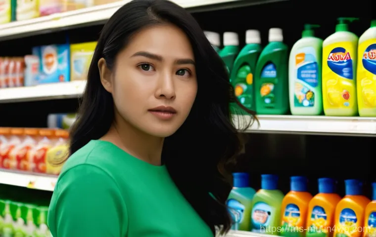 그린워싱과 기업 이미지 구축의 문제 - **Deceptive Dish Soap Label:**
Prompt: "A close-up of a Malaysian woman in her late 20s, wearing...