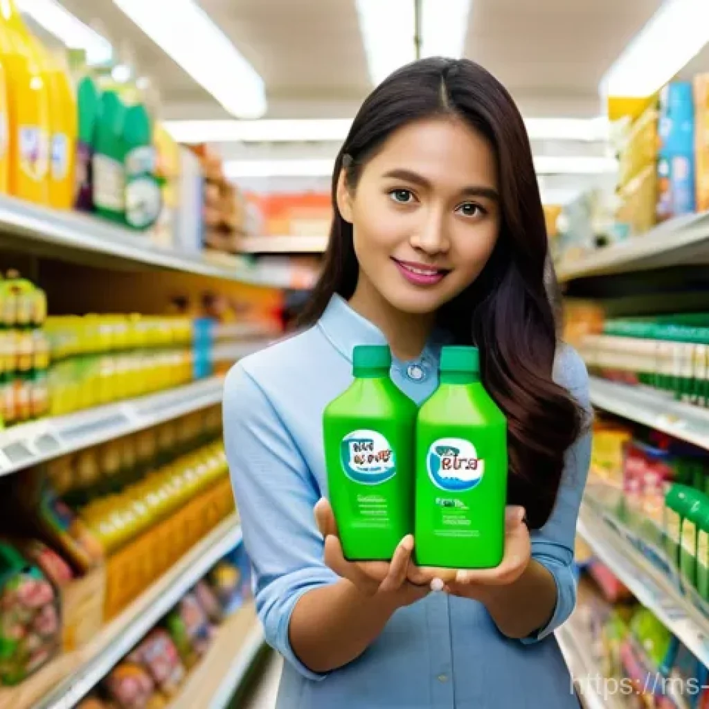 그린워싱의 실태와 소비자의 역할 - **Prompt:** A young adult Malaysian woman in her late 20s, wearing modest casual attire, stands in a...