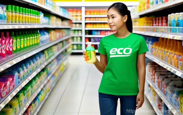 그린워싱 의심되는 브랜드 목록 - Image Prompt 1: The Skeptical Consumer and Vague "Green" Claims** 그린워싱 의심되는 브랜드 목록 - Image Prompt 1: The Skeptical Consumer and Vague "Green" Claims**