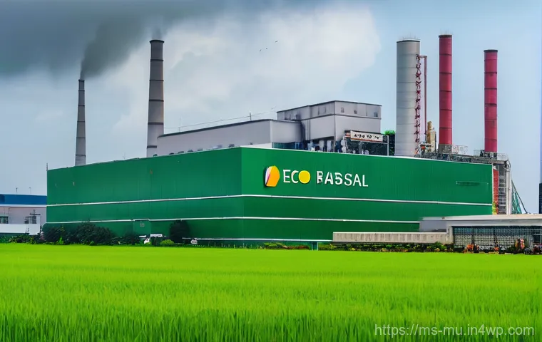 그린워싱을 알리는 블로그 작성법 - **Prompt 1: The Green Façade of a Factory**
A wide shot of a large industrial complex under a br...