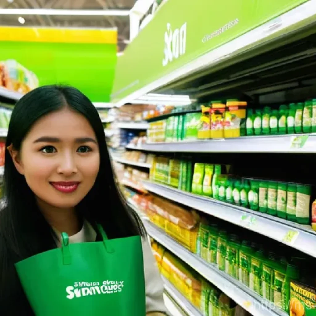 그린워싱과 소비자 신뢰 회복 전략 - **Greenwashing Deception in a Malaysian Supermarket**
A brightly lit, bustling Malaysian superma...