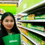 Home 2 그린워싱과 소비자 신뢰 회복 전략 - **Greenwashing Deception in a Malaysian Supermarket**
A brightly lit, bustling Malaysian superma...