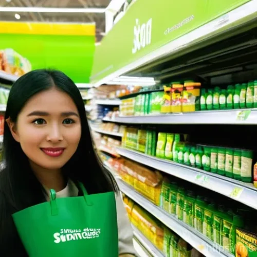 Home 14 그린워싱과 소비자 신뢰 회복 전략 - **Greenwashing Deception in a Malaysian Supermarket**
A brightly lit, bustling Malaysian superma...